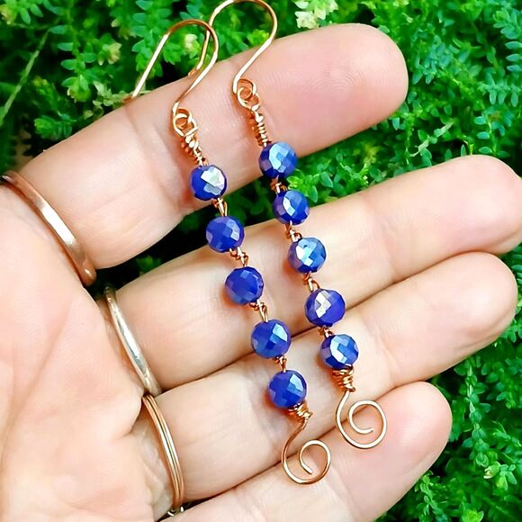 Boho Chic Cobalt Faceted Glass Beaded Dangle Earrings, Statement Earrings, 3" - Picture 2 of 6
